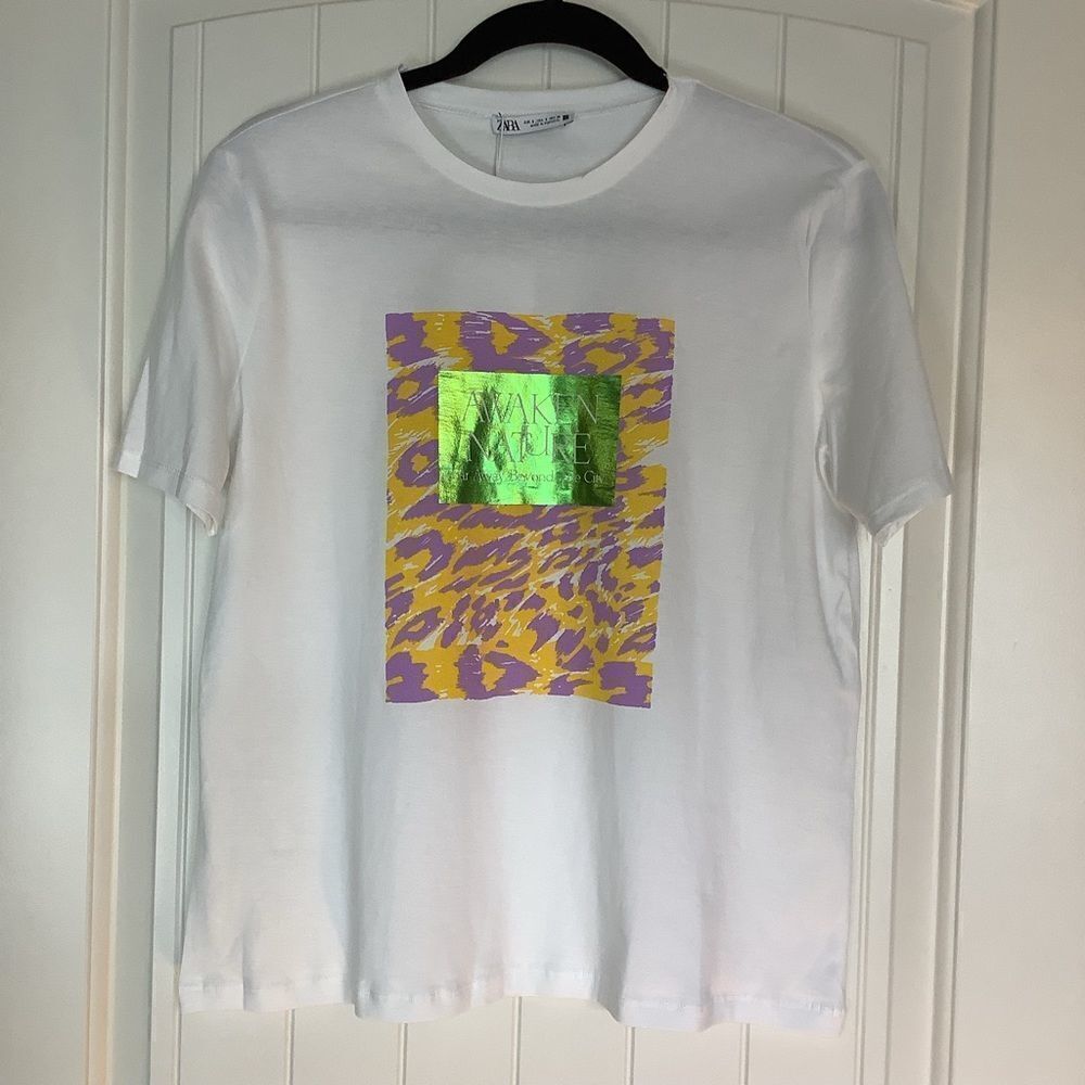 Zara White Tee with Yellow & Purple Leopard Print and Green Foil Square